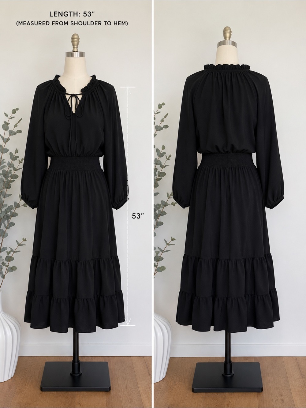 Show Me Your Mumu Black Ruffle Tie Neck Maxi Dress Double Ruffle Hem Large